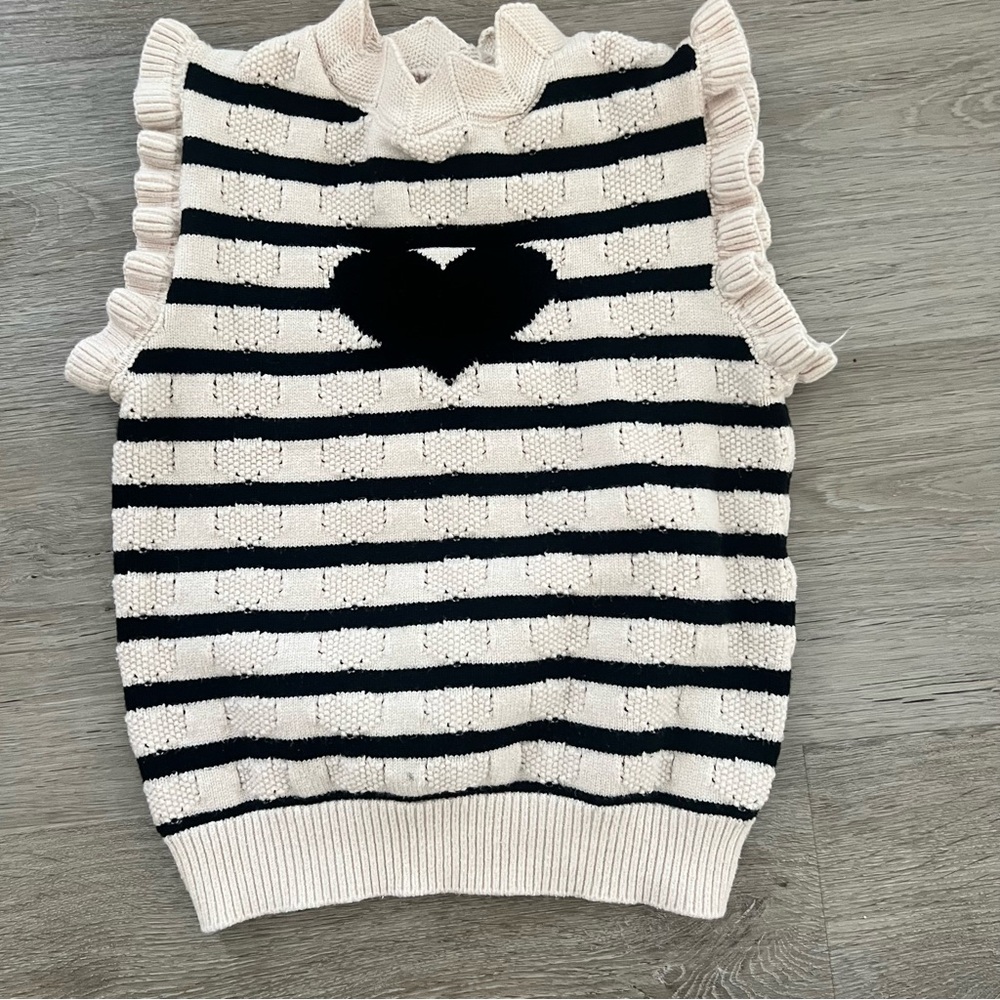 SHEIN Cream & Black Striped Knit Sweater Vest with Heart